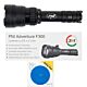 Lampe torche PNI Adventure F300 avec LED tricolore (blanc, rouge, vert), puissance max. 10 W, étanchéité IPX6 et support adhésif bleu inclus.