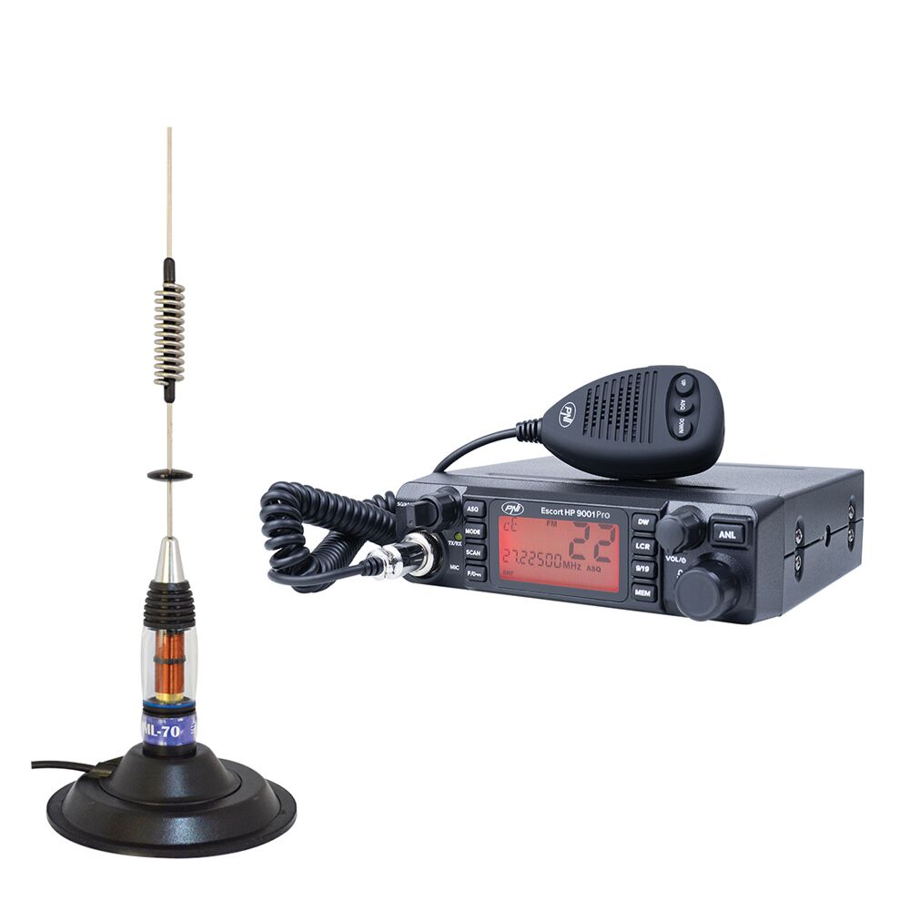 CB PNI ESCORT ESQORT Kit station radio HP 9001 PRO ASQ réglable, AM-FM,  12V, 4W + antenne CB PNI ML70 26-30MHz, 200W, 70cm, aimant 145 mm inclus