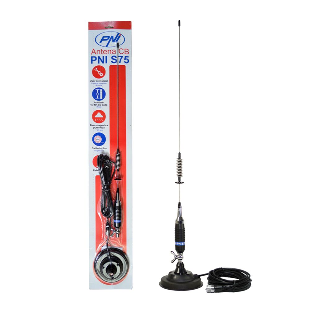Antenne CB PNI S75 Type Papillon à vis, Base magnétique de 125 mm Incluse, 76 cm, câble RG58 de 4 m Inclus Antenne CB PNI S75 Type Papillon à vis, Base magnétique de 125 mm Incluse, 76 cm, câble RG58 de 4 m Inclus