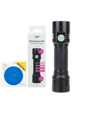 Pack double lampe torche LED en aluminium PNI Adventure F200, batterie de 4000mAh et stick adhésif bleu inclus