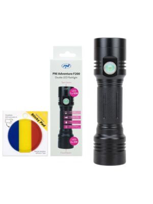 Pack : lampe torche double LED en aluminium PNI Adventure F200, batterie 4000mAh et pad collant à drapeau inclus