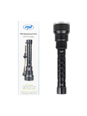 Lampe de poche en aluminium PNI Adventure F410, avec LED 10W, 700 lumens, jusqu'à 250 m, IP44, USB Type C, batteries 3000mAh en