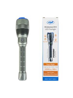 Lampe de poche PNI Adventure F810 avec LED 138 W, 3 niveaux d'éclairage plus Turbo, 12000 lumens, zoom, jusqu'à 250 m, batterie