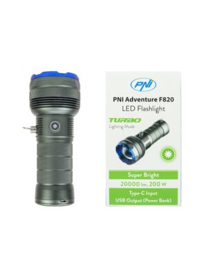 Lampe de poche PNI Adventure F820 200 W, 3 niveaux d'éclairage plus Turbo, 20000 lumens, jusqu'à 350 m, batterie 2600 mAh, I