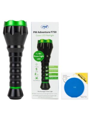 Lampe torche PNI Adventure F750 à lumière verte en aluminium, emballage avec coussinet adhésif bleu inclus