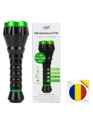 Lampe torche PNI Adventure F750 à lumière verte en aluminium, avec drapeau adhésif inclus.