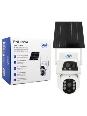 Caméra de vidéosurveillance PNI IP794 avec Wi-Fi, PTZ, double objectif 2MP + 2MP, panneau solaire 5,5W, batterie bloc 8000mAh