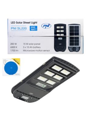 Pack : Lampe d’éclairage public PNI SL220 200W avec panneau solaire intégré + cadeau bleu Sticky Pad