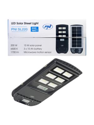 Lampe d'éclairage public PNI SL220 13W, avec panneau solaire intégré 15W, 6500K, 1700lm, 3 x batterie 15Ah intégrée, s