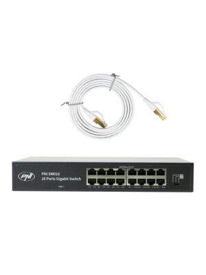 Commutateur PNI SW016 16 ports 10/100/1000 Mbps, Gigabit, boîtier métallique et câble patch CAT8 de 1,5 m. PNI U8015W
