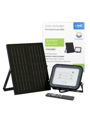 Réflecteur LED PNI GreenHouse WS50 50W avec panneau solaire, batterie 6000mAh, télécommande, synchronisation et luminosité réglables,