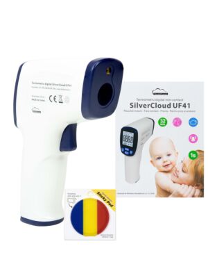 Thermomètre numérique SilverCloud UF41 pour le corps et les surfaces, avec étiquette adhésive incluse.