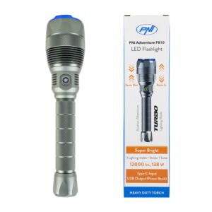 Lampe de poche PNI Adventure F810 avec LED 138 W, 3 niveaux d'éclairage plus Turbo, 12000 lumens, zoom, jusqu'à 250 m, batterie