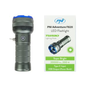 Lampe de poche PNI Adventure F820 200 W, 3 niveaux d'éclairage plus Turbo, 20000 lumens, jusqu'à 350 m, batterie 2600 mAh, I