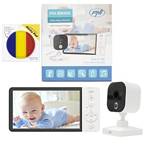 Babyphone vidéo PNI BM500 avec écran 5 pouces, sans fil 2,4 GHz et drapeau adhésif inclus.