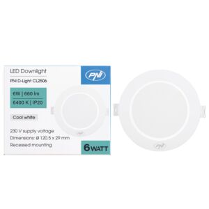 Spot LED PNI D-Light CL2506 6 W, encastré, rond, 120,5 x 28,4 mm, 6 400 K, alimentation 230 V, 660 lm, blanc