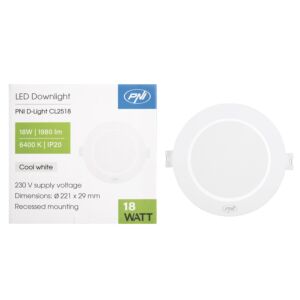 Spot LED PNI D-Light CL2518 18 W, encastré, rond, 220,7 x 28,9 mm, 6 400 K, alimentation 230 V, 1 980 lm, blanc