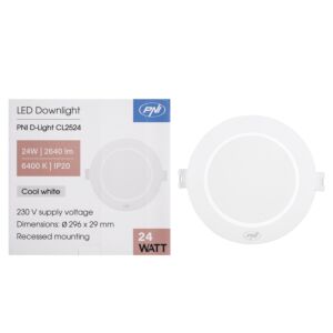 Spot LED PNI D-Light CL2524 24 W, encastré, rond, 296 x 29,1 mm, 6 400 K, alimentation 230 V, 2 640 lm, blanc