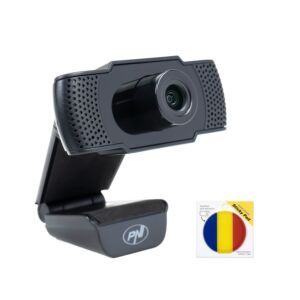 Webcam PNI CW1850 Full HD 1080p 2MP avec câble USB, clip de fixation et autocollant inclus.