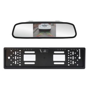 Système de stationnement sans fil PNI Escort P25 avec écran de voiture de 4,3 pouces intégré au rétroviseur et caméra intégrée au support de plaque d'immatriculation