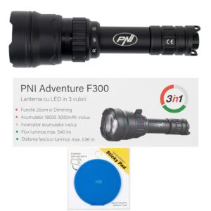 Lampe torche PNI Adventure F300 avec LED tricolore (blanc, rouge, vert), puissance max. 10 W, étanchéité IPX6 et support adhésif bleu inclus.