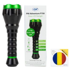 Lampe torche PNI Adventure F750 à lumière verte en aluminium, avec drapeau adhésif inclus.