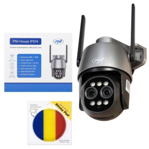 Caméra de vidéosurveillance Paxhet PNI House IP574 avec Wi-Fi, PTZ, double objectif et drapeau adhésif inclus