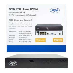 NVR POE PNI House IP716J, 16 canaux 4K 8MP, 8 canaux POE et 8 canaux IP, noir