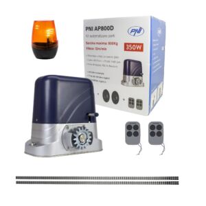 Kit d'automatisation de portail PNI AP800D comprenant une crémaillère moteur de 4 m, des photocellules, une télécommande, une lampe, 230 V développe 1100 N et 8