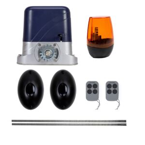 Kit d'automatisation de portail PNI AP800D comprenant une crémaillère moteur de 4 m, des photocellules, une télécommande, une lampe, 230 V développe 1100 N et 8