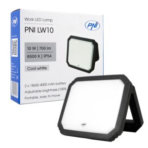 Lampe de travail LED PNI LW10 10W, portable, rechargeable, avec 2 batteries 18650 4000mAh, 6500K, IP54, 700 lm, 2 niveaux
