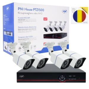 Kit de vidéosurveillance AHD PNI House PTZ1500 DVR 5MP - 4 caméras et drapeau adhésif