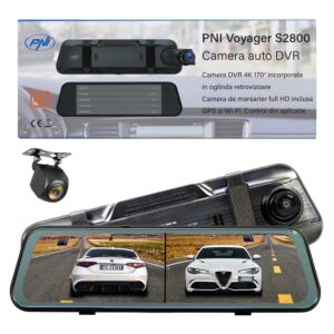 PNI Voyager S2800 UHD 4K 170° Caméra DVR de voiture intégrée dans le rétroviseur, 9,66 pouces, écran tactile IPS, moniteur