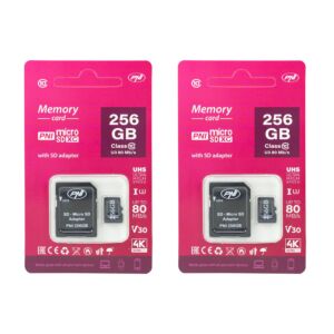 Pack de carte mémoire MicroSD PNI 256 Go en deux parties avec adaptateur SD de classe 10, 80 Mb/s, V30