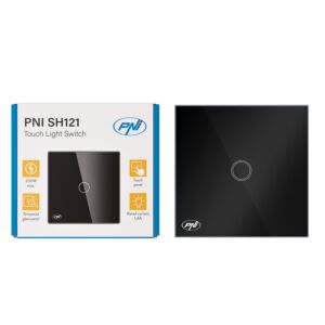 Interrupteur simple tactile PNI SH121, en verre, noir, avec indicateur LED, 10A 200W