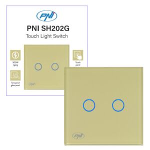 Double interrupteur tactile PNI SH202G en verre, or avec indicateur LED, couleur or