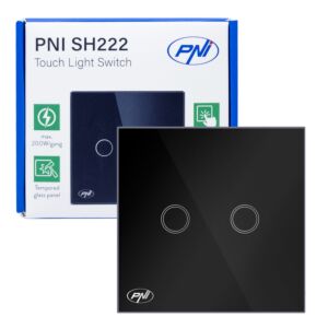 Interrupteur double touche en verre PNI SH222, noir avec indicateur LED, 10A, 2X200W
