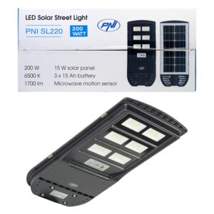 Lampe d'éclairage public PNI SL220 13W, avec panneau solaire intégré 15W, 6500K, 1700lm, 3 x batterie 15Ah intégrée, s