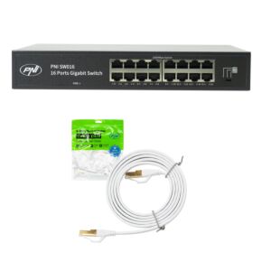 Commutateur PNI SW016, 16 ports 10/100/1000 Mbps Gigabit, boîtier métallique et câble patch CAT8 de 1,5 m (PNI U8015W)