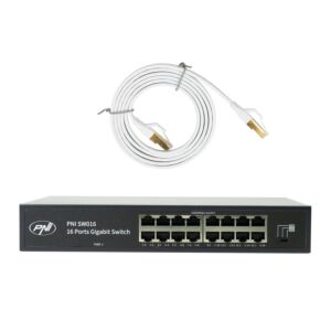 Commutateur PNI SW016 16 ports 10/100/1000 Mbps, Gigabit, boîtier métallique et câble patch CAT8 de 1,5 m. PNI U8015W