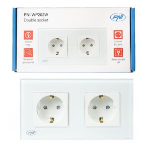 PNI WP202W double prise encastrable, avec cadre en verre, 16A, 2X3000W, 230V, blanc