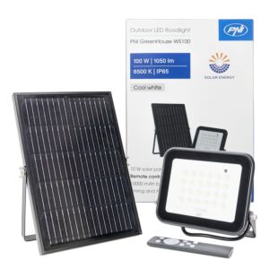 Réflecteur LED PNI GreenHouse WS100 100W avec panneau solaire, batterie 10000mAh, télécommande, synchronisation et luminosité réglables