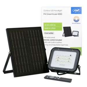 Réflecteur LED PNI GreenHouse WS50 50W avec panneau solaire, batterie 6000mAh, télécommande, synchronisation et luminosité réglables,