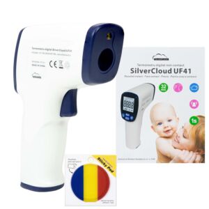 Thermomètre numérique SilverCloud UF41 pour le corps et les surfaces, avec étiquette adhésive incluse.