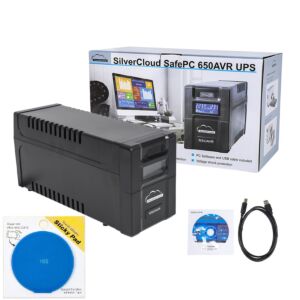 Onduleur SilverCloud SafePC 650AVR, puissance de 360 W et coussinet adhésif bleu inclus