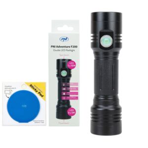 Pack double lampe torche LED en aluminium PNI Adventure F200, batterie de 4000mAh et stick adhésif bleu inclus