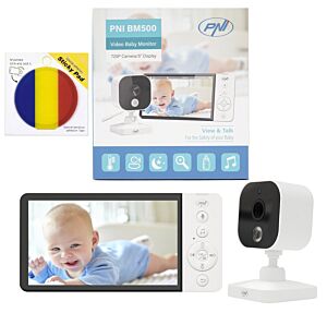 Babyphone vidéo PNI BM500 avec écran 5 pouces, sans fil 2,4 GHz et drapeau adhésif inclus.