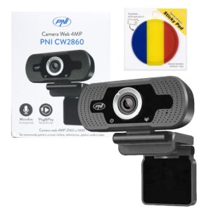 Pack webcam PNI CW2860 Full HD 4MP, USB, clip à fixer, microphone intégré et drapeau sticky pad inclus