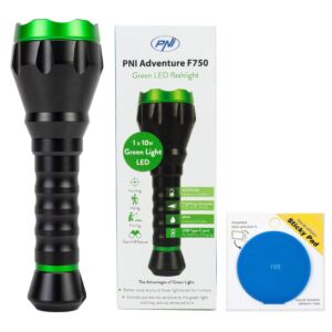 Lampe torche PNI Adventure F750 à lumière verte en aluminium, emballage avec coussinet adhésif bleu inclus