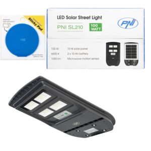 Ensemble de lampe d'éclairage public PNI SL210 100 W, avec panneau solaire intégré de 10 W et coussinet adhésif bleu inclus